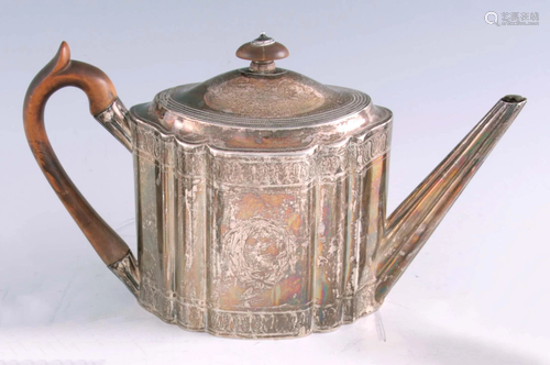 A GEORGE III SILVER TEAPOT of oblate fluted form with