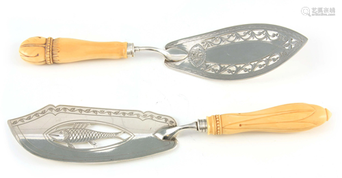 TWO GEORGIAN SILVER AND IVORY FISH SLICES with carved