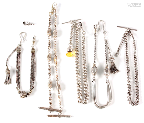 A COLLECTION OF FIVE SILVER POCKET WATCH CHAINS total