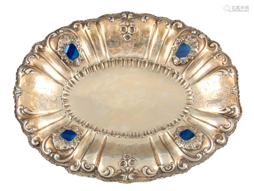 A SILVERPLATE AND BLUE AGATE CONTINENTAL OVAL ROCOCO