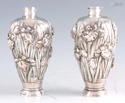 A PAIR OF LATE 19TH CENTURY CHINESE SILVER VASES, the