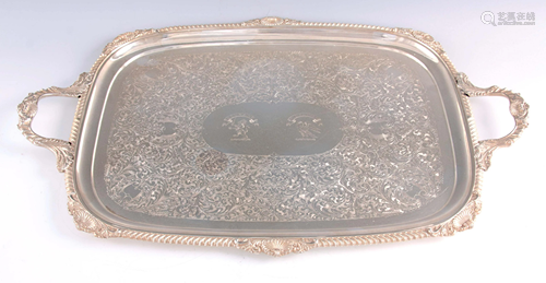 A LARGE GEORGE V SILVER TWO HANDLED TRAY the raised