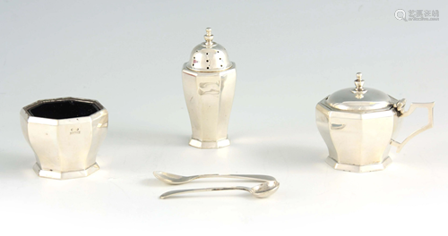 A MID 20TH CENTURY THREE-PIECE SILVER CRUET SET IN A