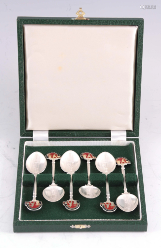 AN ELIZABETH II CASED SET OF SIX SILVER AND ENAMEL