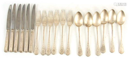 FABERGE, A SET OF SIX RUSSIAN SILVER CUTLERY comprising