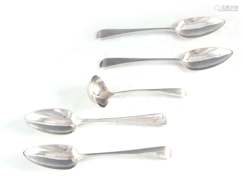 A SET OF FOUR GEORGE III SILVER TABLESPOONS AND LADLE