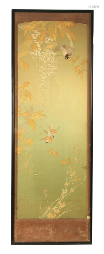 A MIEJI PERIOD FRAMED JAPANESE EMBROIDERED SILK WALL