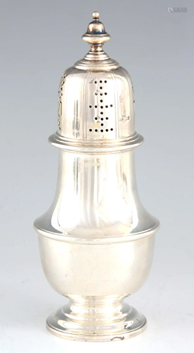 A GEORGE V SILVER SUGAR CASTER of baluster form and