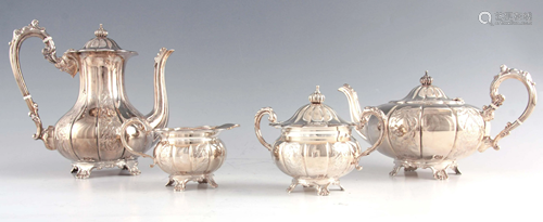 AN ELIZABETH II FOUR-PIECE SILVER TEA SERVICE of melon