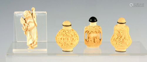 THREE LATE 19TH CENTURY CARVED IVORY CHINESE SNUFF