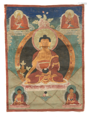 A LARGE TIBETAN THANGKA PAINTING ON LINEN OF SEATED