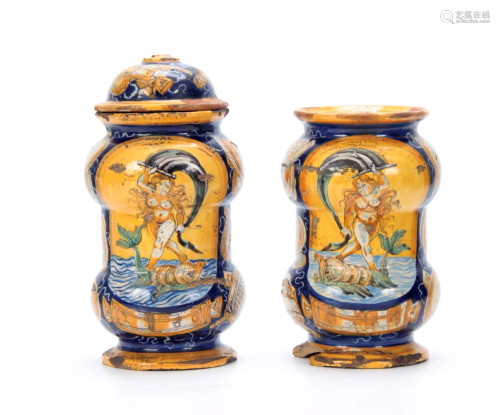 A PAIR OF CASTEL DURANTE MAIOLICA ALBARELLI DATED 1580