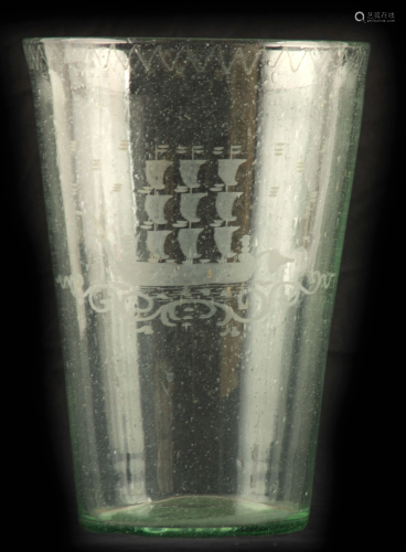 AN 18TH CENTURY GLASS TAPERING VASE with etched