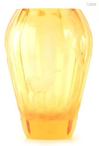 A LARGE AMBER GLASS MOSER ENGRAVED VASE of faceted form