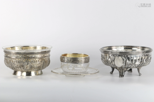 Lot of 3 Louis XVI style silver cups inside crystal,