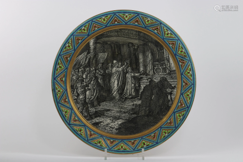 Large enamel dish decorated with a grisaille scene