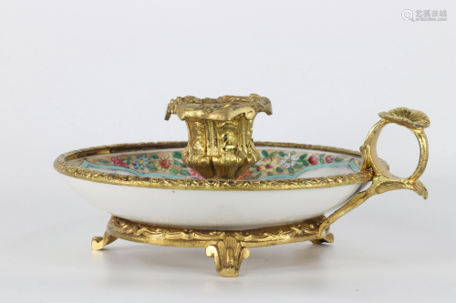 Canton porcelain and gilt bronze hand candlestick 19th