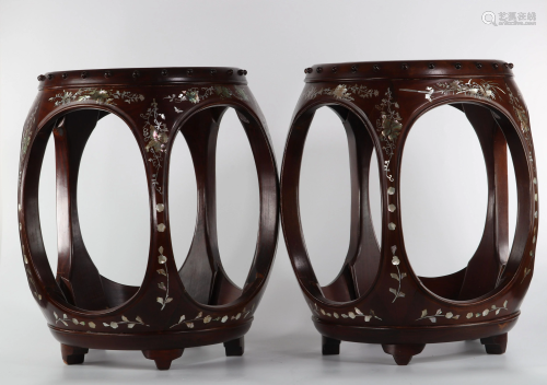 Pair of wooden stools with mother-of-pearl inlay