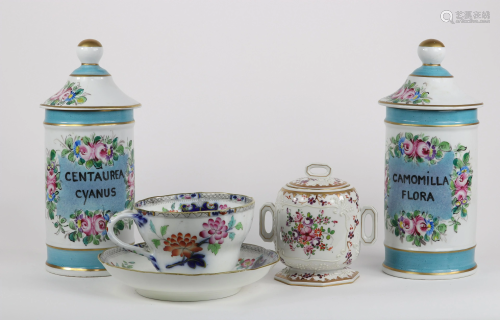 Lot of porcelain pair of pharmacy jars cup and saucer