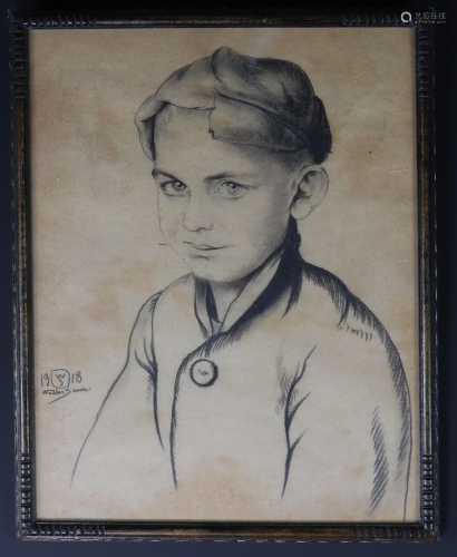 Walter SAUER (1889-1927) drawing young boy signed and