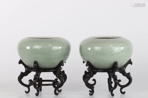 Pair of monochrome Chinese celadon porcelain planters