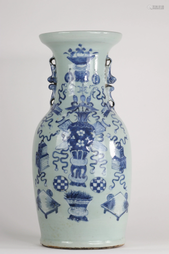 China celadon vase with blue semi relief decoration