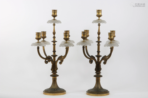 Pair of gilt bronze and Baccarat crystal candelabra,