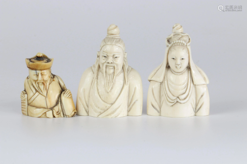 China set of 3 snuffboxes carved characters 19th