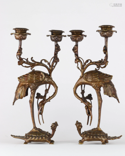 Pair of candelabras, waders cranes, bronze. Japan, art
