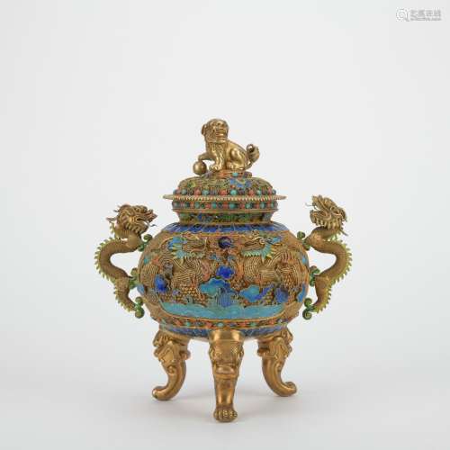 A gilt silver inlay incense burner with dragon pattern
