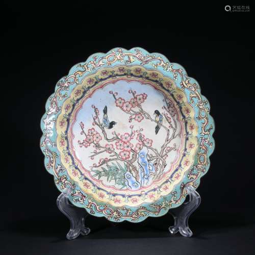 A enamel 'floral and birds' plate