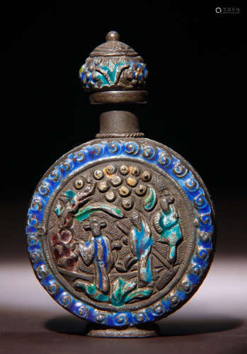 SILVER ENAMELING BLUE FIGURE STORY SNUFF BOTTLE