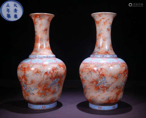 PAIR OF ALUM RED WUCAI GLAZE VASES