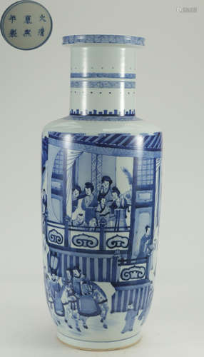 KANGXI MARK BLUE&WHITE GLAZE FIGURE STORY VASE