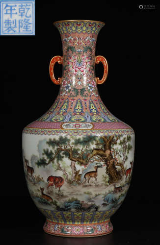 QIANLONG MARK FAMILLE ROSE GLAZE DEER PATTERN VASE