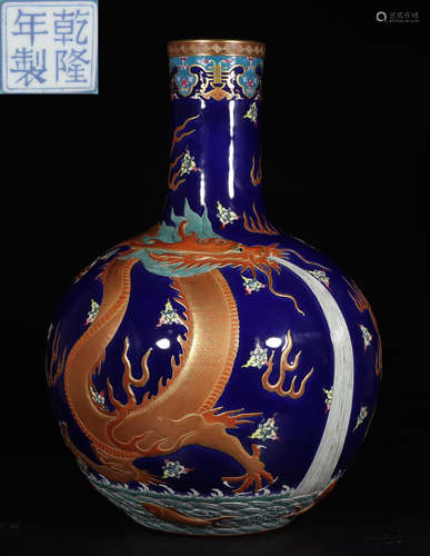 QIANLONG MARK BLUE ALUM RED DRAGON PATTERN VASE