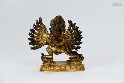 A GILDING COPPER YAMANTAKA STATUE