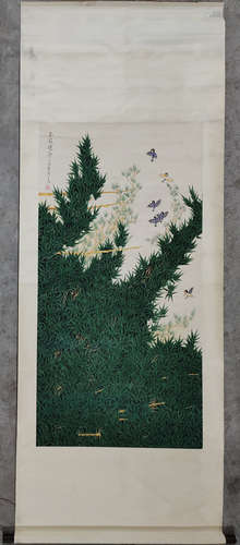 BIRDS AND FLOWERS PAINTING SCROLL BY ZHOU YANSHENG