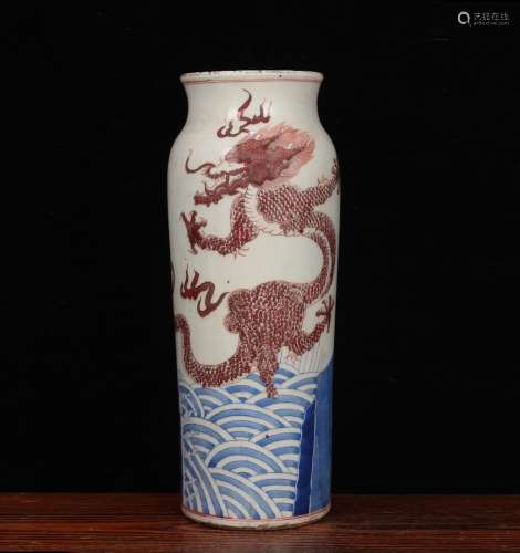 BLUE WHITE AND IRON RED DRAGON VASE