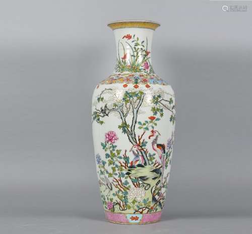 FAMILLE ROSE BIRDS FLOWERS VASE