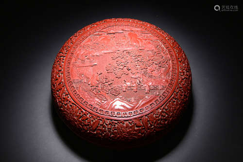 A LANDSCAPE AND FIGURE CARVED RED LACQUERED BOX