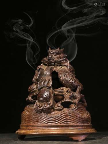 BAMBOO OPENWORK CARVED 'DRAGON' INCENSE BURNER