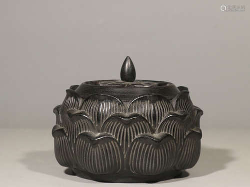 ZITAN WOOD CARVED 'LOTUS FLOWER' INCENSE BURNER WITH LID