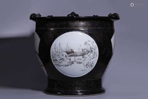 GRISAILLE PAINTED AND OPEN MEDALLION 'LANDSCAPE SCENERY' JARDINIERE