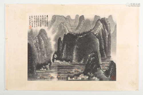 LI KERAN: INK AND COLOR ON PAPER PAINTING 'LANDSCAPE SCENERY'
