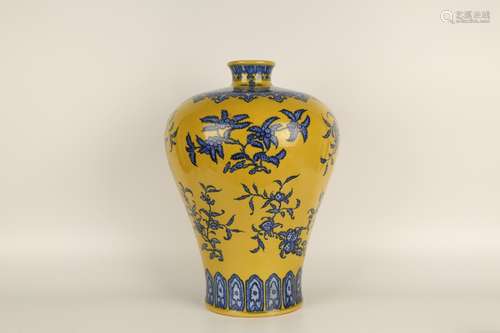 YELLOW GROUND BLUE WHITE FOLIAGE PLUM VASE