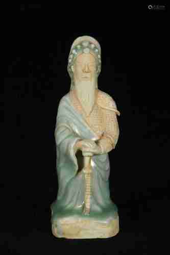A CHINESE LONGQUAN KILN PORCELAIN STATUE OF THE GOD OF FORTUNE, MING DYNASTY