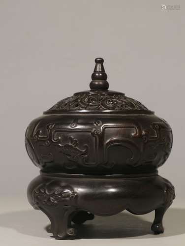 ZITAN WOOD CARVED 'DRAGONS' CENSER WITH LID