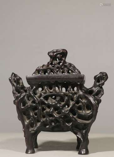 ZITAN WOOD OPENWORK CARVED 'GNARLED VINES' CENSER WITH LID