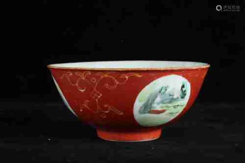 A CHINESE CORAL-RED-GROUND FAMILLE ROSE BOWL PAINTED WITH LANDSCAPE, DAOGUANG PERIOD